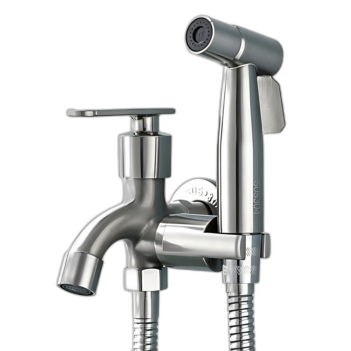 Full Set Chrome Silver 304 Stainless Steel Two Way Tap with Bidet Spray Holder and 1.2 Meter Flexible Hose