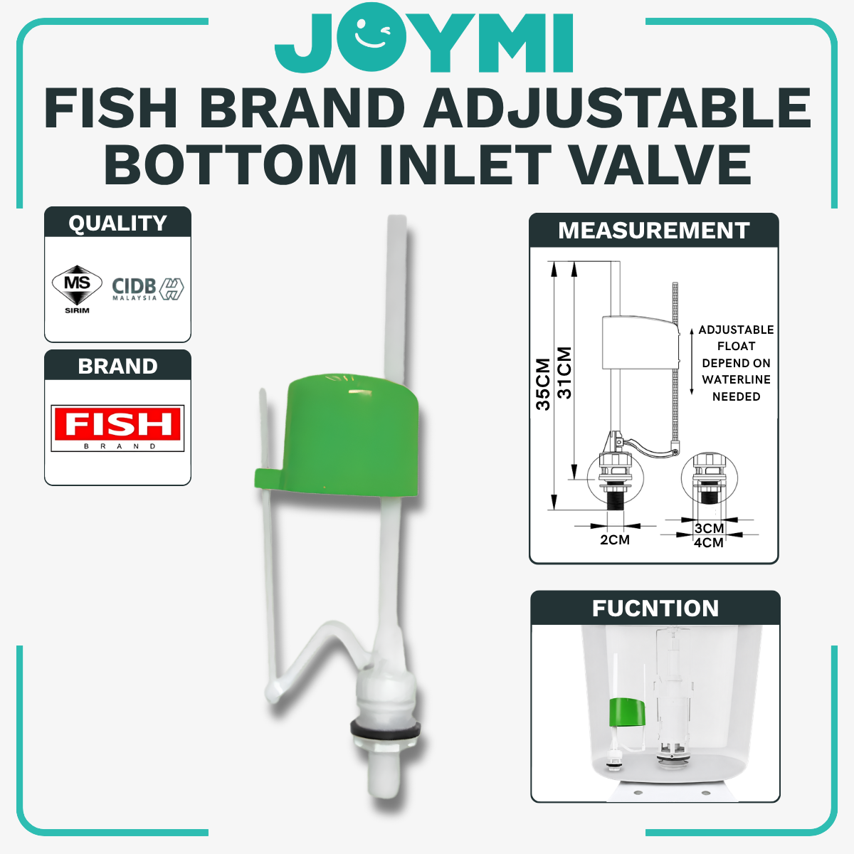 CJ FISH BRAND 1/2" Adjustable Bottom Inlet Cistern Valve Flushing Toilet Accessories Water Tank Valve