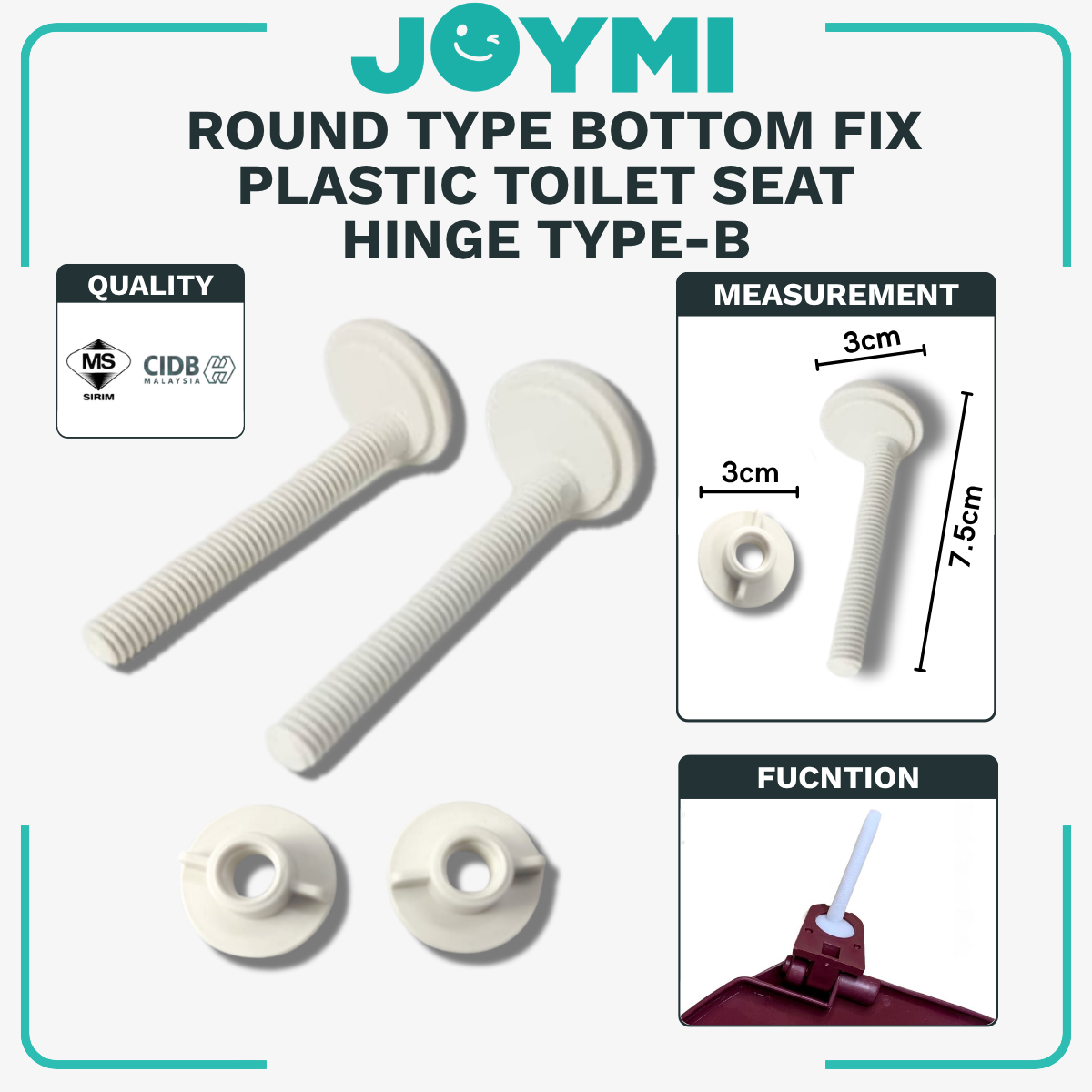 Round Type Bottom Fix Plastic Toilet Seat Cover Hinge Type-B Full Set Screw and Nut Hinge