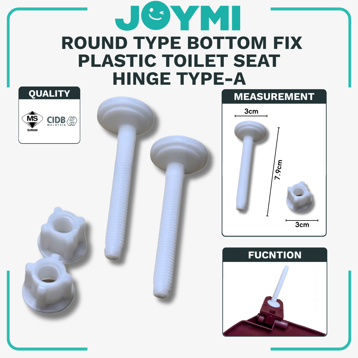 Round Type Bottom Fix Plastic Toilet Seat Cover Hinge Type-A Full Set Screw and Nut Hinge