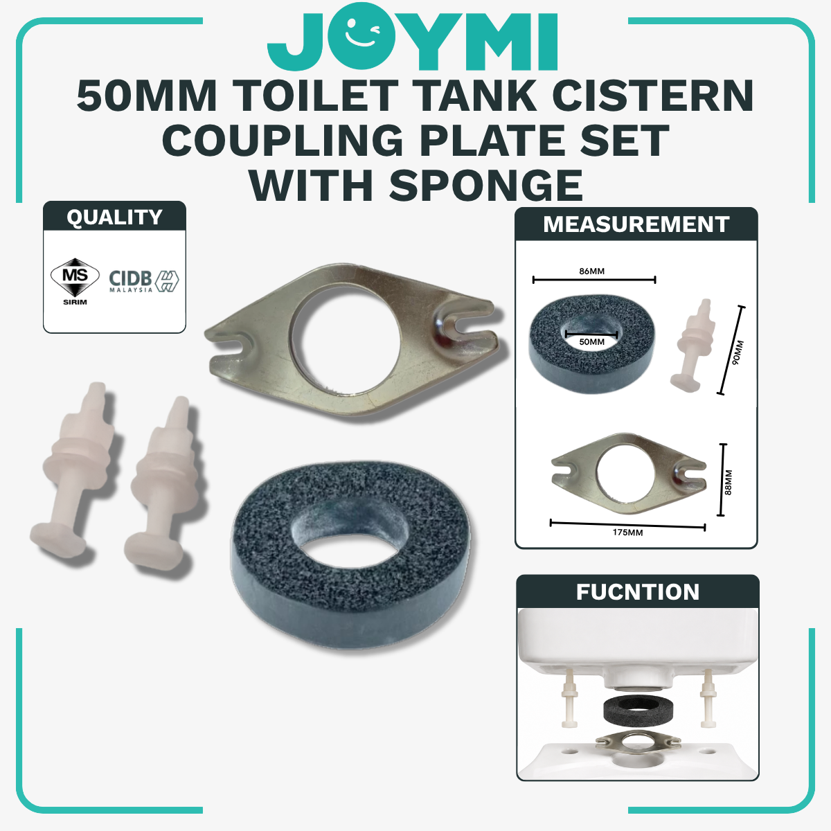 CJ FISH BRAND 50MM Toilet Tank Cistern Coupling Plate Set with Sponge Gasket Fixing Bracket Kit Set