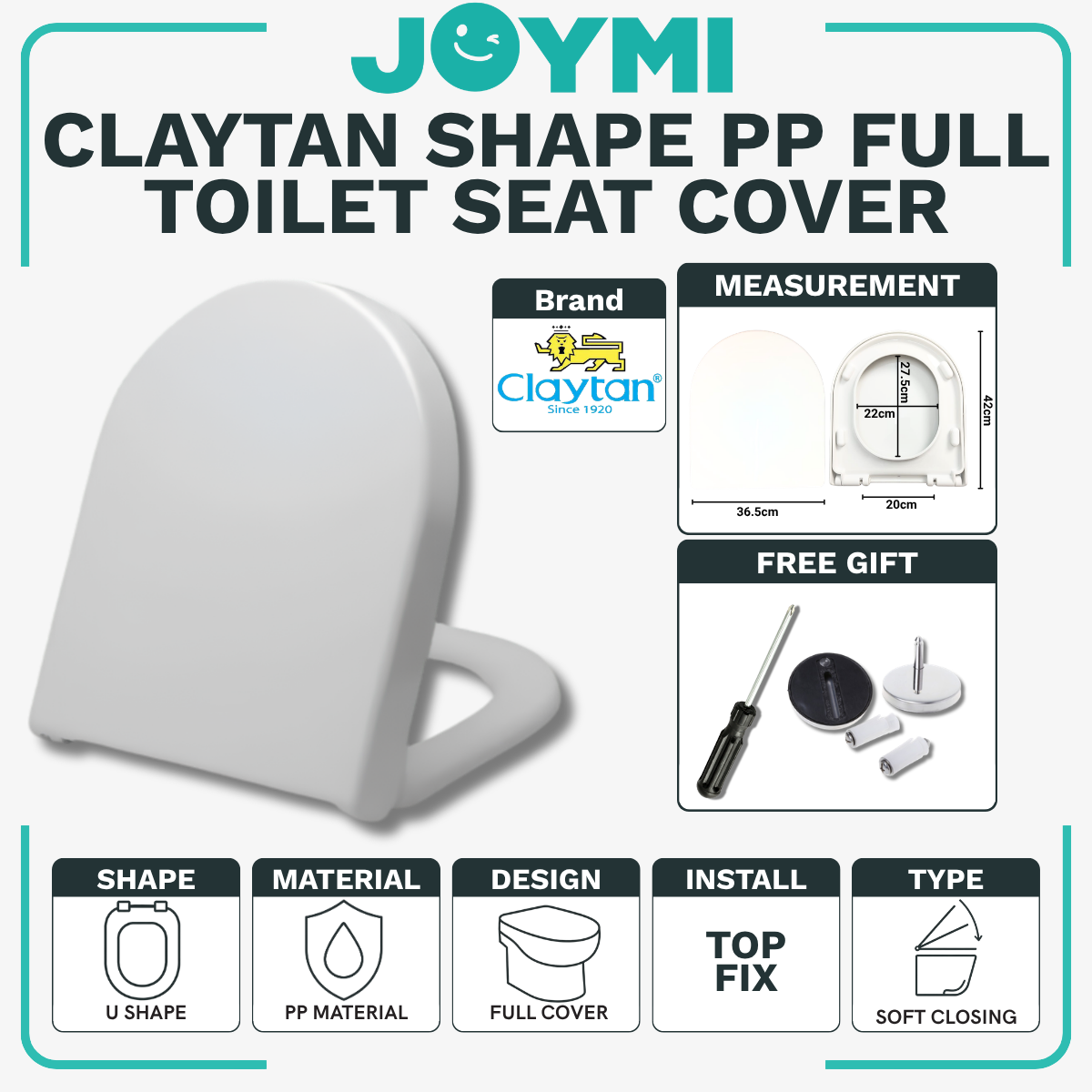 Claytan U型UF材质全包覆重型马桶盖带全套配件，适用于酒店/民宿/家庭使用，型号USC245