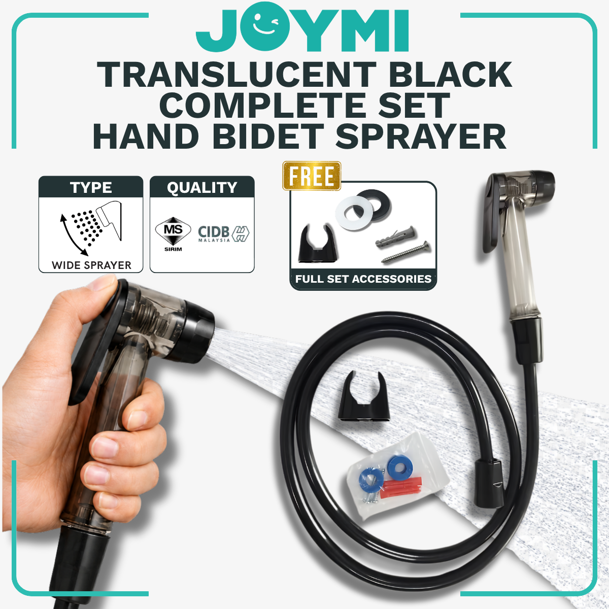 Full Set Translucent Black PVC Hand Bidet Sprayer Set with 1.2 Meter Flexible Hose and Wall Bracket Set