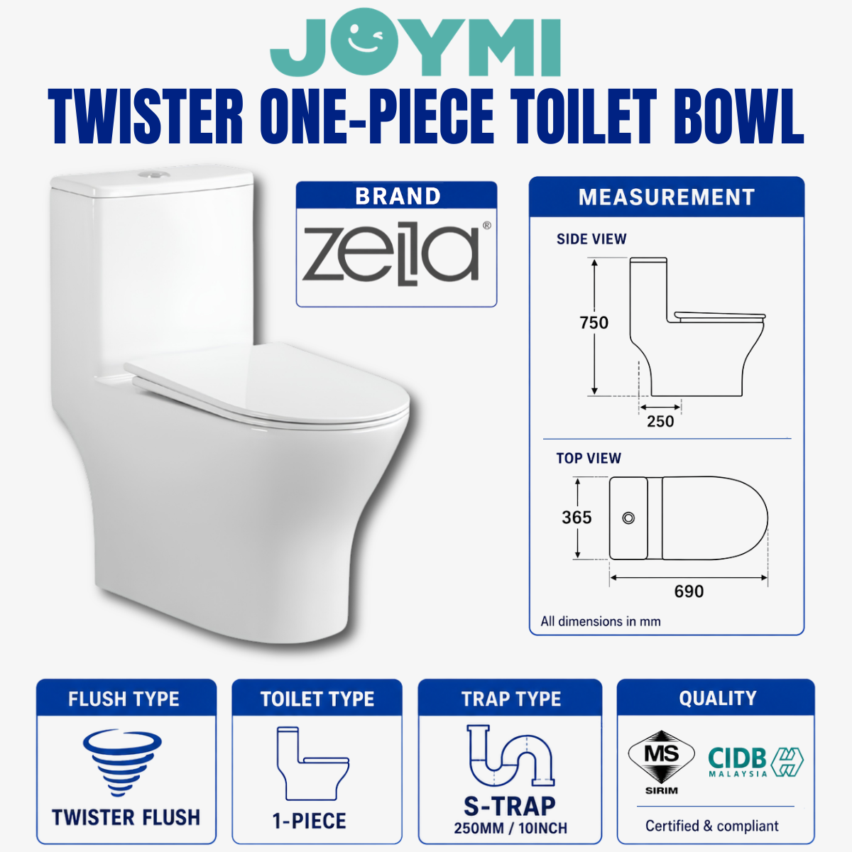 ZELLA 一体式虹吸旋冲马桶（S型250mm）全套配件 承重200公斤 酒店/民宿/家用 C654 S型存水弯